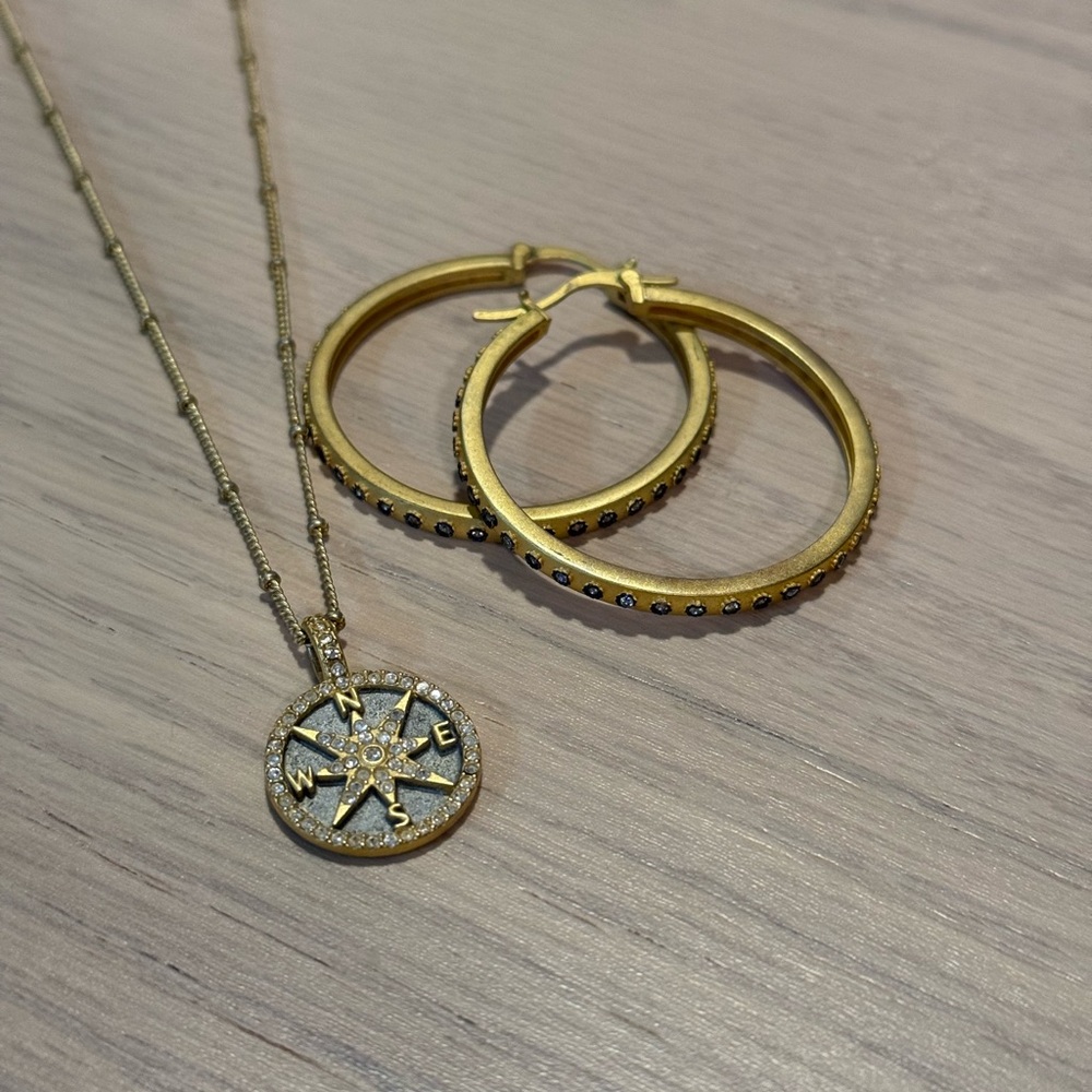 Gold and Silver Compass Pendant Necklace and Hoop Earrings Set